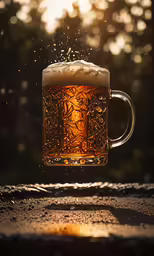 a glass of beer in the rain near some trees