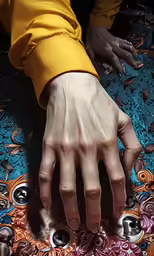 person reaching for circular object on blue surface