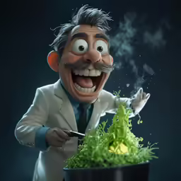 an animated man holding a large pot with something