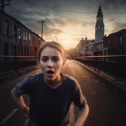 a young girl makes an excited face with a city skyline behind her