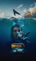 an underwater scene of a woman holding a gun