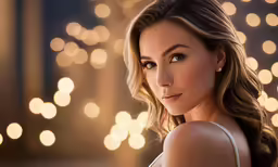 a woman posing in front of lights looking at the camera
