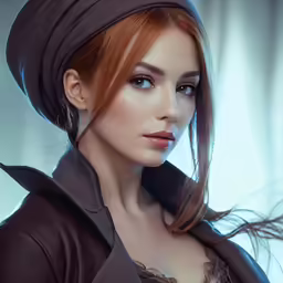 a beautiful redhead woman in a jacket posing for the camera