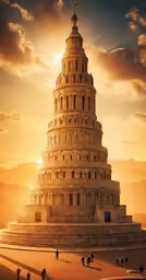people stand on the edge of a large, skinny building