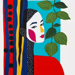 a painting of a woman in the corner of her head with leaves on it