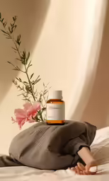 a bottle of vitamin c sits on the edge of a bed next to a flower