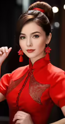 the woman in the red dress is posing