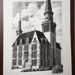 the drawing shows a large, tall building with steeple and towers
