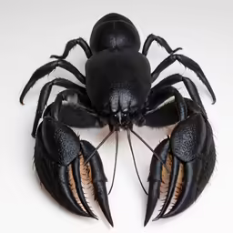 a small black bug with huge claws on its back