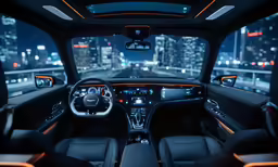dashboard of modern vehicle in city at night