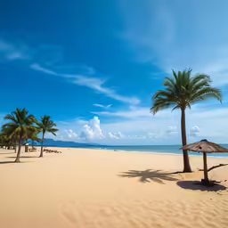 the beach has many small palm trees along it
