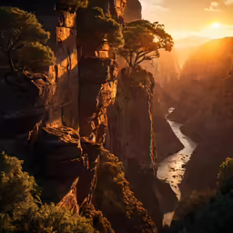 the sun shines brightly behind the mountains and cliffs