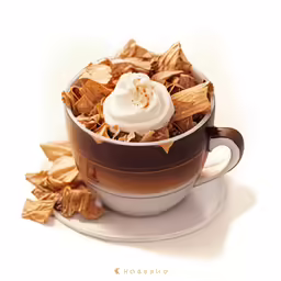 an ice cream with whipped cream sits in a cup filled with crispy, gold leafy snacks