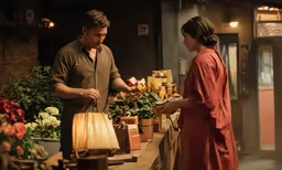 a woman is selling flowers to a man