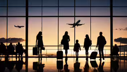 passengers wait at an airport with their luggage,a group of people standing next to each other with a plane in the background