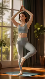 a woman practices yoga in her home