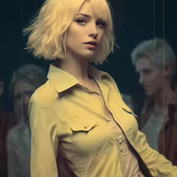 a blonde woman is in front of a mirror