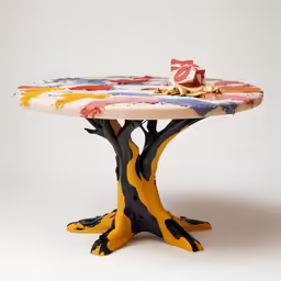 an artisticly painted table with yellow legs