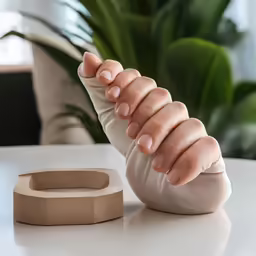 a person holds their hand up to a fake object