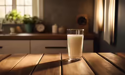 a glass filled with milk sitting on a table