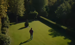 a person standing in a grassy area surrounded by trees