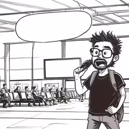 a man is talking into a microphone while holding a bag