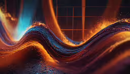an abstract photo with lots of gold and blue waves,some light lines in an abstract design on the ground
