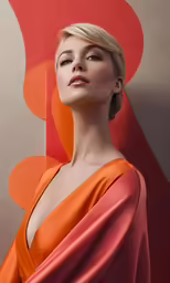 an elegant woman with her eyes open in a peach and orange dress