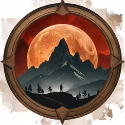 a mountain and tree under an orange moon