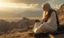 a man sitting on the side of a hill with his hands folded out