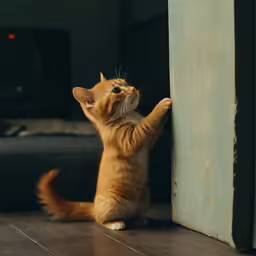 an orange kitten plays with a wall on the floor