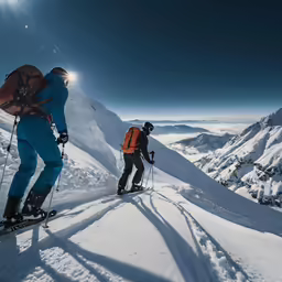 the two skiers are ascending the mountain on their skis