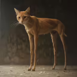 an orange cat standing on top of a dirty ground