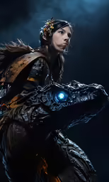 a woman dressed in armor holds a glowing light