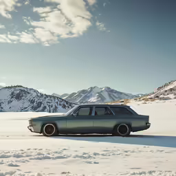 an older automobile is parked in the snow