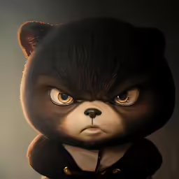a bear with the eyes open and collared with clothes on