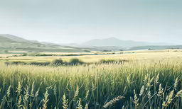 there is a large green field in the foreground and mountains in the background