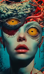 a woman with yellow eyes is in the ocean