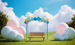 a bench in a park surrounded by balloons