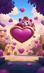 a cartoon character with large ears and eyes with lots of hearts around him