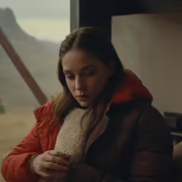 girl looking down at her cell phone on the mountain