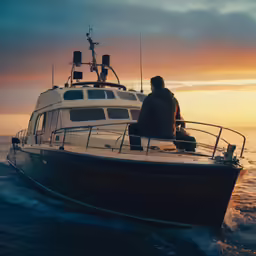 a man is sitting on a boat as the sun sets