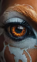 a close up of an eye with the face of a giraffe painted with white paint