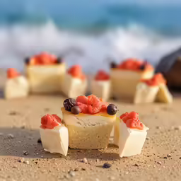 some little food pieces sit on the sand at the beach