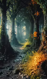 a painting of a trail that leads through the forest