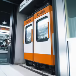 a train sits idle in front of a building