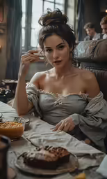 a woman sitting at a table holding a knife