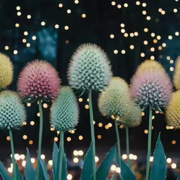 a group of flowers on a field covered with light