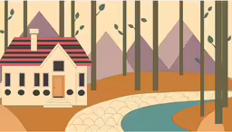 a cartoon house is near trees, with water running through it