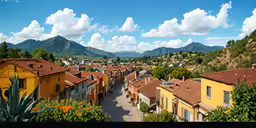 this town has many colorful buildings with some mountains in the background